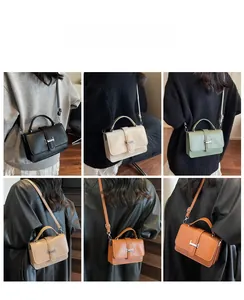 Collage of fashion crossbody bags in six colors featuring metallic H-shaped buckle