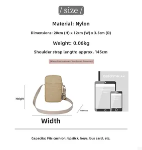 Size chart showing nylon crossbody phone bag dimensions and daily capacity details