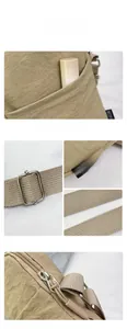 Detail view of khaki nylon crossbody bag with adjustable wide strap and zip pocket