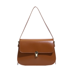 Classic brown leather shoulder bag with minimalist rectangular flap and golden buckle