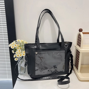 Women PU Leather PVC Ita Bag With Transparent Window Large Capacity Shoulder Tote Crossbody Bag Lace-up Japanese Style