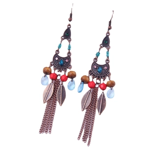 Bohemian vintage leaf tassel earrings with bronze metal, blue gems and wood beads