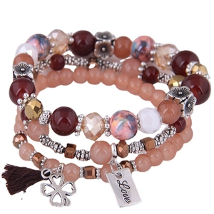 Bohemian multi-layer beaded bracelet with tassels, flower charms and Love tag