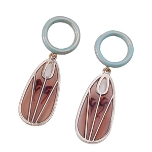 Minimalist geometric hexagon earrings with mint green studs and brown resin oval pendants