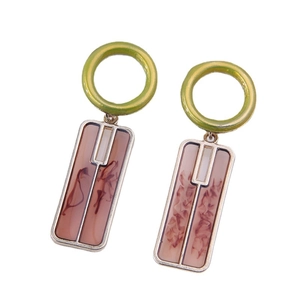 Minimalist hexagonal earrings with light green rings and pink marble texture pendants