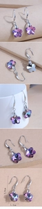 Macro detail of purple flower crystal earrings showing dimensions 3.8cm height and 1.3cm width