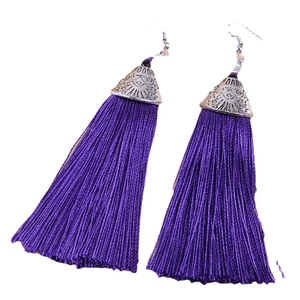 Bohemian style purple long tassel earrings with silver ethnic pattern metal hooks