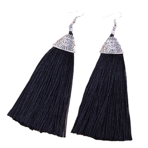 Ethnic style black tassel earrings with silver fish mouth metal caps and fringes
