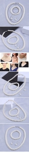 Detailed size chart showing pearl necklace, bracelet and earrings dimensions in a 3-piece set