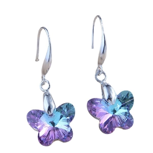 Elegant butterfly crystal drop earrings with purple blue gradient and silver hooks