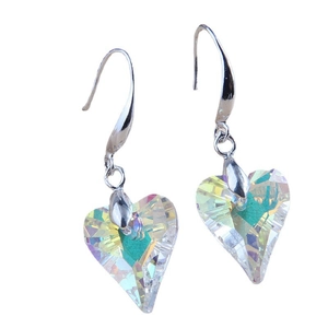 Elegant heart-shaped crystal earrings with silver hooks and colorful AB aurora coating