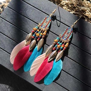 Bohemian Long Feather Dangle Earrings Alloy Geometric Enamel Leaf Tassel Earrings For Women Ethnic Vintage Party Accessories