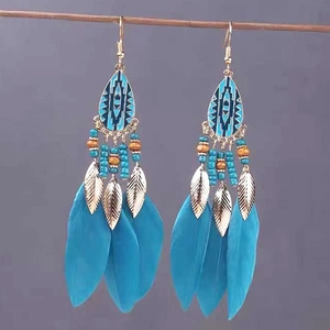 Bohemian drop earrings featuring blue feathers and ethnic geometric enamel patterns