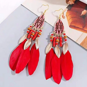 Bohemian ethnic long drop earrings with red feathers and golden geometric pendants