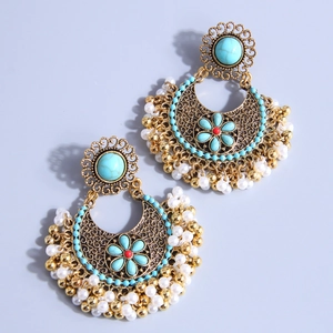 Bohemian vintage hollow metal drop earrings with turquoise stones and pearl tassels