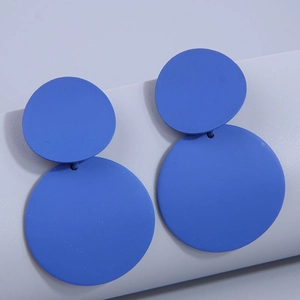 Minimalist matte Klein blue acrylic double round drop earrings on a clean white background