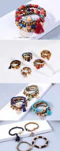 Detail van Boheemse meerlaagse houten kralenarmband met levensboom en kleurrijke kwastjes