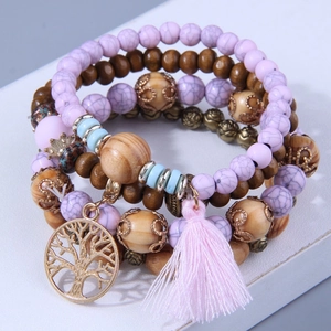 Bohemian Multilayer Beaded Bracelets With Wood Alloy Synthetic Stone Tree Of Life Charm And Tassel Ethnic Style Retro For Women