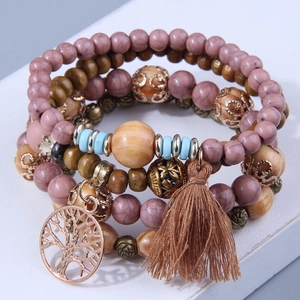 Bohemian multi-layer elastic bracelet with wooden beads, tree of life charm and tassel