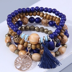 Bohemian multilayer wood bead bracelet with navy tassel and tree of life charm