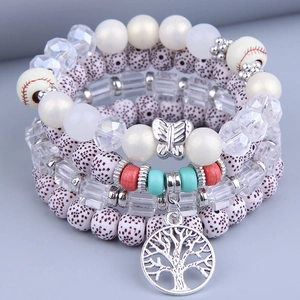 Bohemian multilayer wood bead bracelet with Tree of Life charm and baseball pattern beads