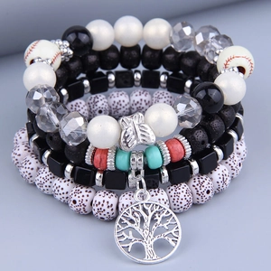 Bohemian multi-layer stretch bracelet set with wooden beads and tree of life charm