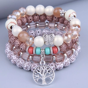 Bohemian multi-layer stretch bracelet with wooden beads and Tree of Life charm