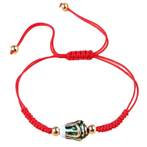 Handmade red cord bracelet with floral enamel charm and adjustable gold beads