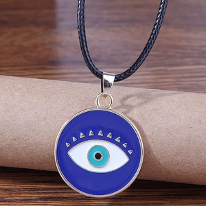 Evil Eye Round Pendant Necklace Alloy Enamel Bohemian Wax Rope Chain Vintage Protection Amulet For Women Men Novelty