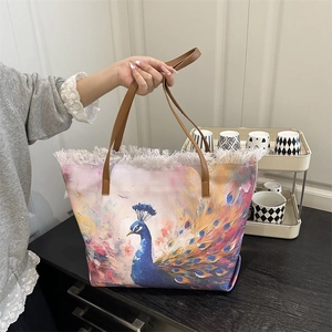 Women Large Capacity Canvas Tote Bag Vintage Peacock Butterfly Print Fringed Tassel Shoulder Handbag Shopping Beach Bag