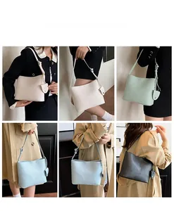 Detailed model views of minimalist crossbody bucket bag in multiple colors and styles
