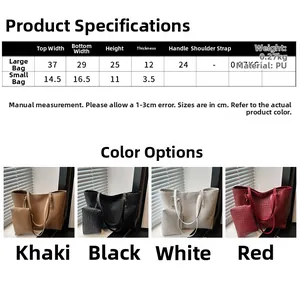 Size chart and dimensions for large woven PU leather tote bag and small matching clutch