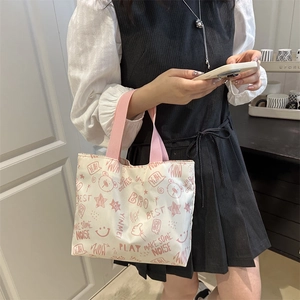 Large capacity tote bag with cute cartoon bear print and pink handles for daily casual use