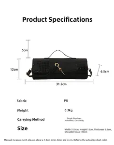 Detailed size chart of black crocodile pattern baguette bag with gold geometric lock