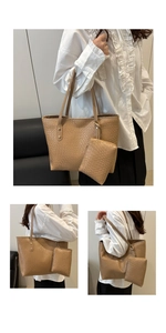 Detail of beige woven tote bag set with matching small pouch and long shoulder straps