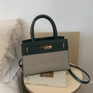 Women Fashion Patchwork PU Leather Fabric Handbag With Metal Lock Vintage Shoulder Crossbody Bag For Daily Commute