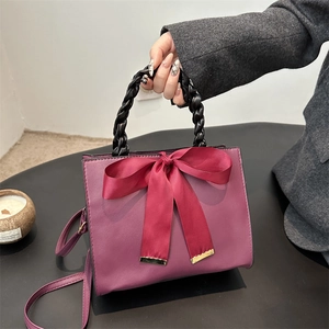 Women Fashion PU Leather Handbag With Large Satin Bow Ribbon Braided Handle Crossbody Shoulder Bag For Wedding Party Daily