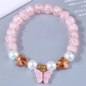 Pink crackle bead bracelet with butterfly pendant and white pearls for women