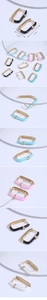 Détail de boucles d'oreilles dorées rectangulaires avec émail coloré et zircon
