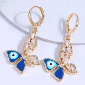 Fashionable butterfly evil eye earrings with zircon accents in gold-plated copper finish