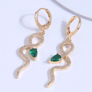 Elegant gold snake earrings with white zircons and a pear-cut green gemstone center