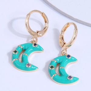 Elegant gold crescent moon earrings with green enamel and multicolor crystals