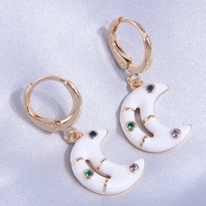 Elegant gold crescent moon earrings with white enamel and colorful crystals for daily wear