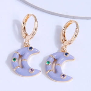 Elegant gold hoop earrings featuring lavender crescent moon charms with colorful stones
