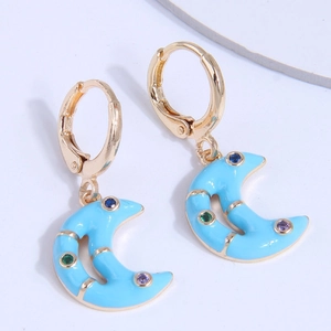 Fashion Enamel Crescent Moon Hoop Earrings Colorful Rhinestone Copper Gold Plated Drop Earrings For Women Party Jewelry