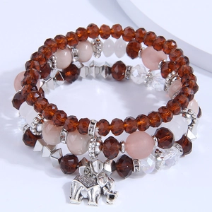 Multilayer beaded bracelet with coffee glass beads and vintage elephant charm