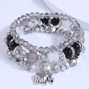 Multilayer beaded bracelet set with grey glass beads and vintage silver elephant charm