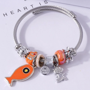 Bohemian silver beaded charm bracelet with orange enamel fish and faux pearl accents