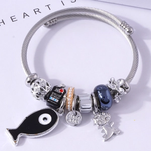Stainless Steel Alloy Charm Bracelet Enamel Fish Rhinestone Beads DIY Bangle Hand Made Tag Fashion Jewelry