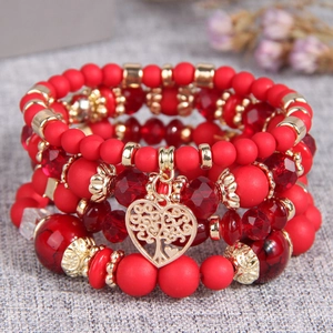 Bohemian multi-layer red beaded bracelet set with golden hollow heart tree of life charm